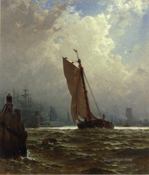 ボート Painting - ニューヨーク港と建設中のブルックリン橋のボートの海景 アルフレッド・トンプソン・ブライチャー